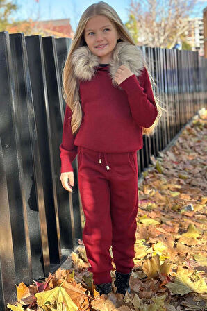 Kız Çocuk Yakası Çıkarılabilir Kürklü Kazak Çift Cepli Triko Bordo Alt Üst Takım