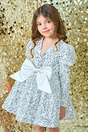 Kız Çocuk V Yaka Üzeri Pulpayet İşlemeli Eteği Kabarık Kadife Beyaz Abiye