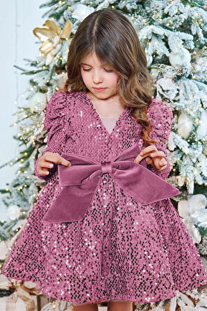 Kız Çocuk V Yaka Üzeri Pulpayet İşlemeli Eteği Kabarık Kadife Pudra Abiye