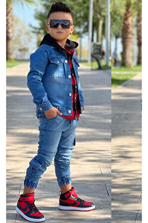 Erkek Çocuk Ekose Kapşonlu Kırmızı Oduncu Gömlek Sırtı Tiger Desen Ceket Kot Alt Üst Takım