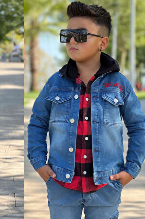 Erkek Çocuk Ekose Kapşonlu Kırmızı Oduncu Gömlek Sırtı Tiger Desen Ceket Kot Alt Üst Takım