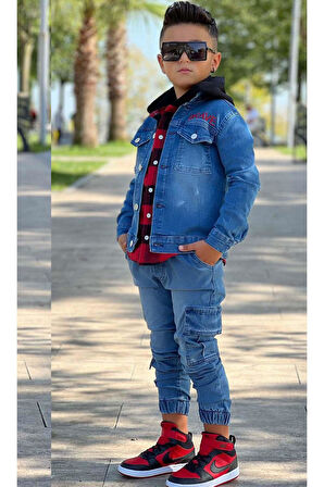 Erkek Çocuk Ekose Kapşonlu Kırmızı Oduncu Gömlek Sırtı Tiger Desen Ceket Kot Alt Üst Takım