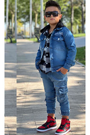 Erkek Çocuk Ekose Kapşonlu Siyah Oduncu Gömlek Sırtı Tiger Desen Ceket Kot Alt Üst Takım