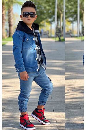 Erkek Çocuk Ekose Kapşonlu Siyah Oduncu Gömlek Sırtı Tiger Desen Ceket Kot Alt Üst Takım