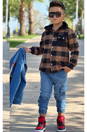 Erkek Çocuk Ekose Kapşonlu Kahverengi Oduncu Gömlek Sırtı Tiger Desen Ceket Kot Alt Üst Takım