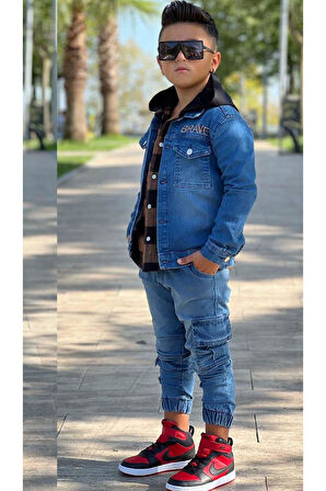 Erkek Çocuk Ekose Kapşonlu Kahverengi Oduncu Gömlek Sırtı Tiger Desen Ceket Kot Alt Üst Takım