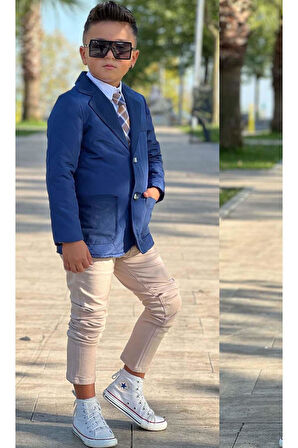 Erkek Çocuk Klasik Gömlek Kravatlı Kapitone Mavi Mont Slim Pantolon Kesim Pantolon Alt Üst Takım