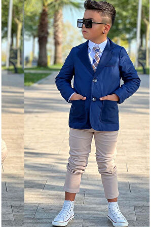 Erkek Çocuk Klasik Gömlek Kravatlı Kapitone Mavi Mont Slim Pantolon Kesim Pantolon Alt Üst Takım