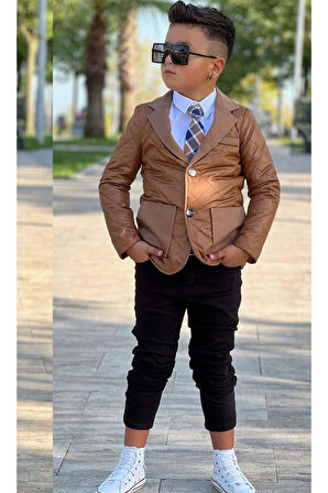 Erkek Çocuk Klasik Gömlek Kravatlı Kapitone Taba Mont Slim Pantolon Kesim Pantolon Alt Üst Takım