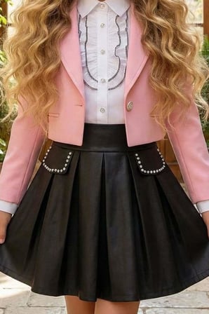 Kız Çocuk Elmas Taşlı Volanlı Gömlek Pembe Blazer Ceket Taş Detaylı Deri Etekli Takım