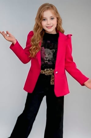 Kız Çocuk Leopar Detaylı Tişört ve Yırtmaçlı Geniş Paça Kot Pantolonlu Fuşya Blazer Ceketli Alt Üst Takım