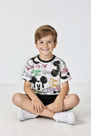 Erkek Çocuk Ayıcık Desen ve Renkli Yazılarla Penye T-Shirt Siyah Şortlu Takım