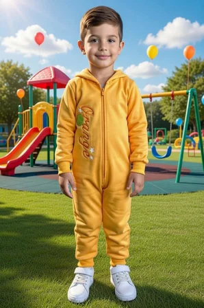 Erkek Bebek Orange Yazı ve Arkasında Portakal İşlemeli Fermuarlı Turuncu Tulum