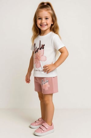 Kız Çocuk Üzeri Girl Yazı ve Lale Detaylı T-Shirt Pudra Şortlu Takım