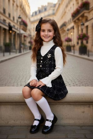 Kız Çocuk Boğazlı Yaka ve İspanyol Kol Bluz Kare Çizgili Triko Siyah Etekli Takım