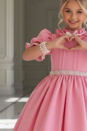 Kız Çocuk Palyaço Yaka ve Fırfırlı Beli İnci Şerit Detaylı Balon Kollu Kabarık Pembe Abiye