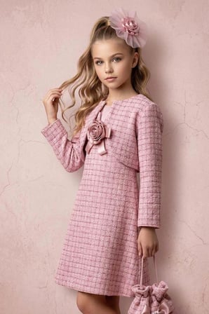 Kız Çocuk Askılı ve Şeffaf Tül Göğüs Detaylı Blazer Ceketli Şanel Pembe Elbise