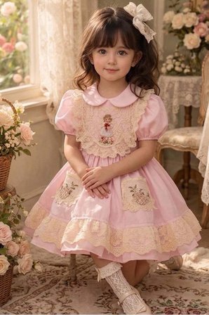 Kız Çocuk Bebe Yakalı Etek Ucu ve Göğsü Dantel Örgü İşlemeli Kanguru Cepli Pembe Elbise