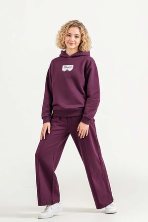 Kız Çocuk Üzeri Dantel Bonjour Yazı Detaylı Kapüşonlu Sweatshirt Bol Kesim Mürdüm Eşofman Takım