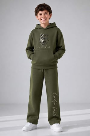 Erkek Çocuk Önü ve Arkası Kurt Çizim Baskılı Kapüşonlu Sweatshirt Yeşil Eşofman Takım