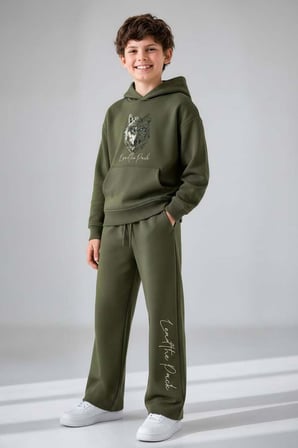 Erkek Çocuk Önü ve Arkası Kurt Çizim Baskılı Kapüşonlu Sweatshirt Yeşil Eşofman Takım