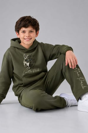 Erkek Çocuk Önü ve Arkası Kurt Çizim Baskılı Kapüşonlu Sweatshirt Yeşil Eşofman Takım