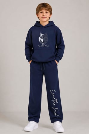 Erkek Çocuk Önü ve Arkası Kurt Çizim Baskılı Kapüşonlu Sweatshirt Lacivert Eşofman Takım