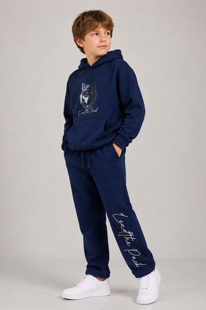 Erkek Çocuk Önü ve Arkası Kurt Çizim Baskılı Kapüşonlu Sweatshirt Lacivert Eşofman Takım