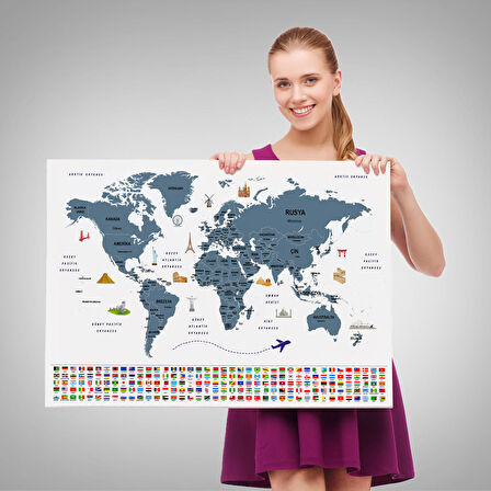 Harita Sepeti Türkçe Dünya Haritası Ülke Bayrak ve Başkentli Kanvas Tablo 1920