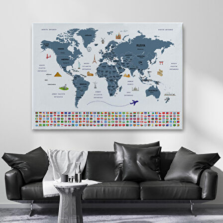 Harita Sepeti Türkçe Dünya Haritası Ülke Bayrak ve Başkentli Kanvas Tablo 1920