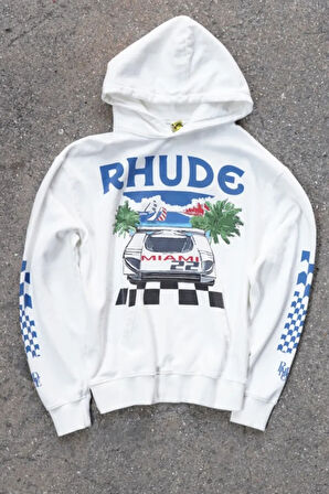 Miami Racing Unisex Hoodie Off White Uzun Kollu Kapşonlu Sweatshirt
