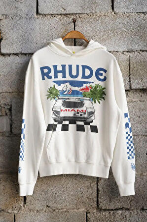Miami Racing Unisex Hoodie Off White Uzun Kollu Kapşonlu Sweatshirt