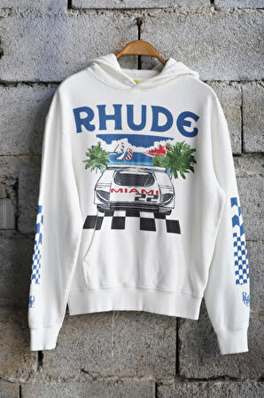 Miami Racing Unisex Hoodie Off White Uzun Kollu Kapşonlu Sweatshirt