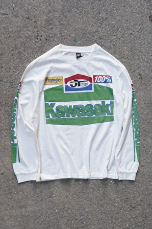Overdrive Unisex Beyaz Uzun Kollu Kawasaki Racing Motorcu Tişörtü