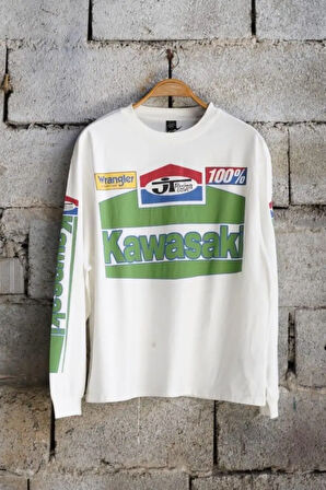 Overdrive Unisex Beyaz Uzun Kollu Kawasaki Racing Motorcu Tişörtü