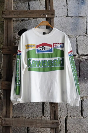 Overdrive Unisex Beyaz Uzun Kollu Kawasaki Racing Motorcu Tişörtü