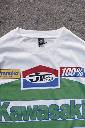 Overdrive Unisex Beyaz Uzun Kollu Kawasaki Racing Motorcu Tişörtü