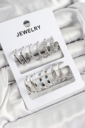 Pirinç Karışık Halka Model Gümüş Renk 6 Çift Kadın Küpe Set