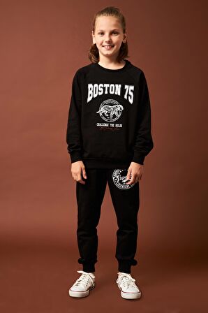 Boston Baskılı Erkek Çocuk Sweatshirt Siyah