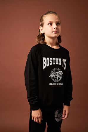 Boston Baskılı Erkek Çocuk Sweatshirt Siyah