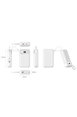Dijital Göstergeli Beyaz Renk Dahili Çoklu Kablolu 10.000 Mah Powerbank(pd20w 22.5w 15w Hızlı Sarj