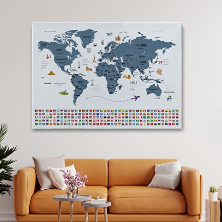 Harita Sepeti Dünya Haritası Ülke Bayraklı ve Başkentli Kanvas Tablo 1921