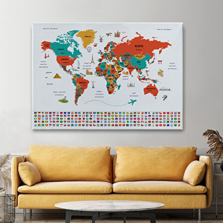 Harita Sepeti Türkçe Dünya Haritası Ülke Bayrak ve Başkentli Kanvas Tablo 1922