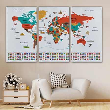 Harita Sepeti Türkçe Dünya Haritası Ülke Bayrak ve Başkentli Kanvas Tablo 1922