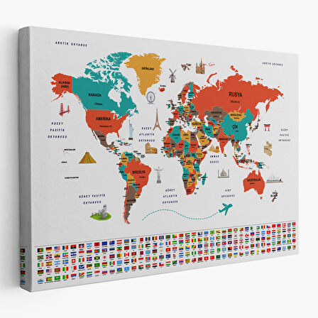 Harita Sepeti Türkçe Dünya Haritası Ülke Bayrak ve Başkentli Kanvas Tablo 1922