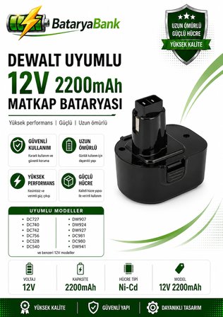 Dewalt Uyumlu 12V 2200mAh Ni-Cd Şarjlı Matkap Bataryası - BataryaBank