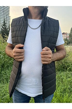 Erkek Haki Astarlı Su ve Rüzgar Geçirmez Kapitone Rahat Kesim Şişme Yelek