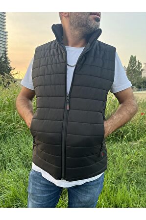 Erkek Haki Astarlı Su ve Rüzgar Geçirmez Kapitone Rahat Kesim Şişme Yelek