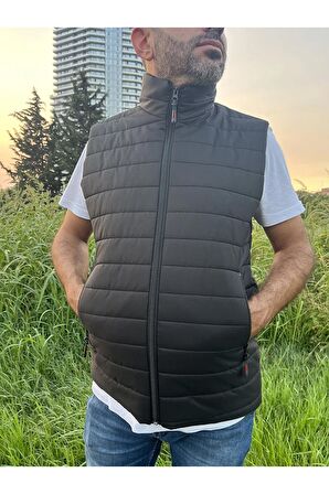 Erkek Haki Astarlı Su ve Rüzgar Geçirmez Kapitone Rahat Kesim Şişme Yelek