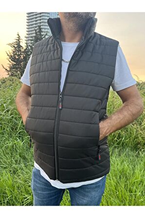 Erkek Haki Astarlı Su ve Rüzgar Geçirmez Kapitone Rahat Kesim Şişme Yelek